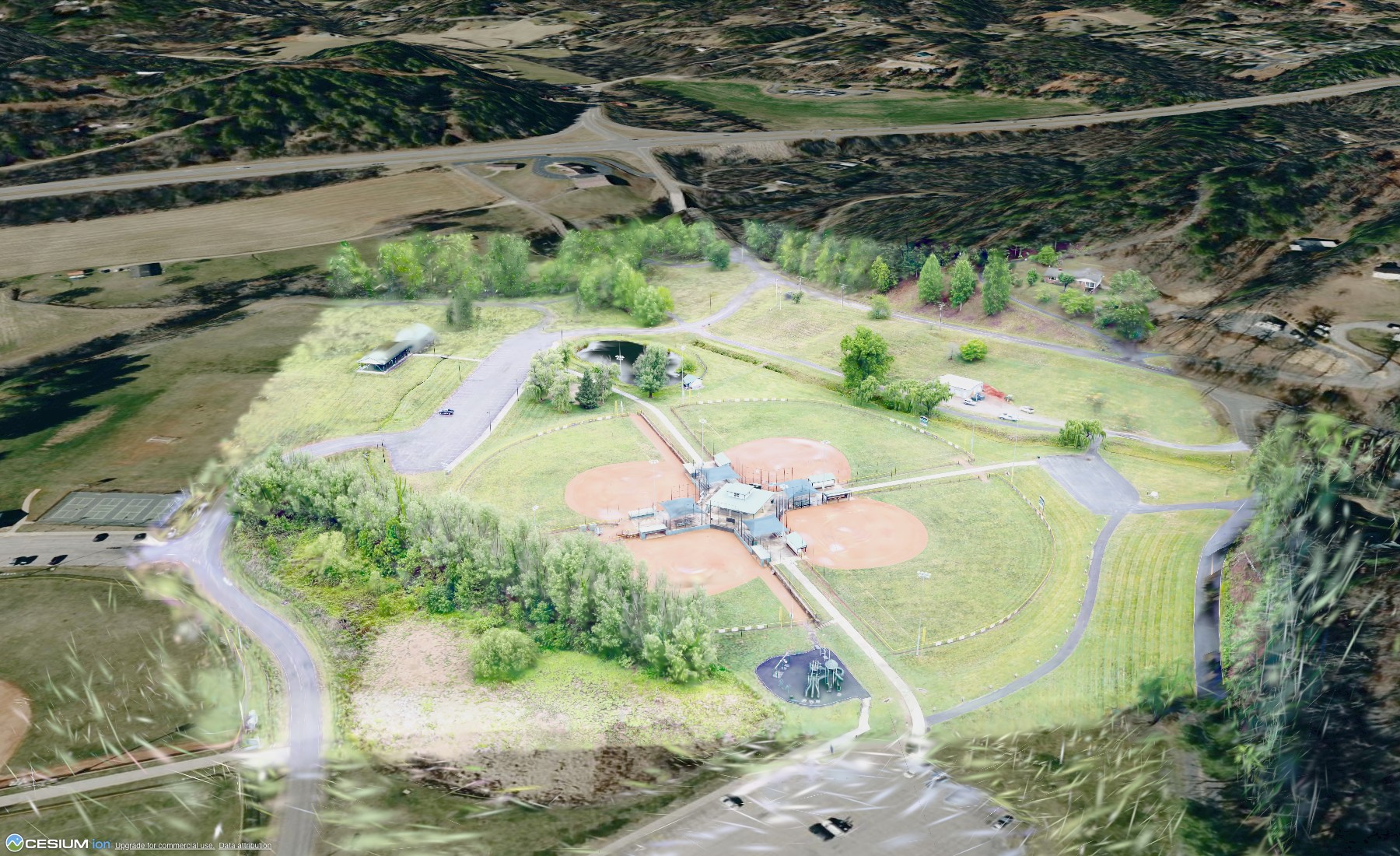 Parker Meadows ballfields and surrounding landscape, from the existing 3D park capture.